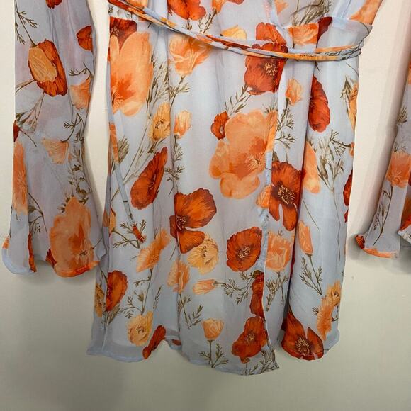 Lulus Long Sleeve Wrap Dress Orange Floral Fall Short Dress Ruffles Fairy XL - Picture 3 of 16